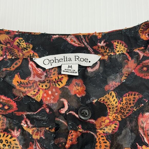 Ophelia Roe Semi Sheer Floral Blouse Women’s M Black Orange Button Front - Picture 4 of 9
